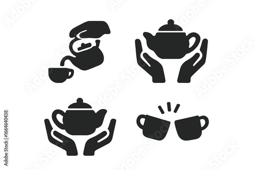 Tea ritual icons. Solid glyph icon set of tea serving moments. Hand pouring tea gesture, hands with teapot, two cups clinking. Hospitality and cafe symbols vector set.