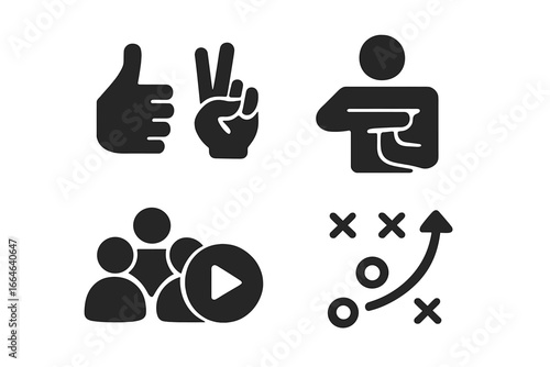 Team communication solid icon set. Hand signals like thumbs up, victory sign, and timeout gesture. Sports strategy, play call tactics, and video conference symbols.