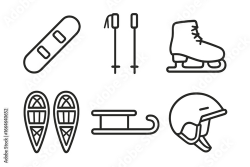 Winter sports icons outline set with snowboard, ski poles, ice skates, sled, snowshoes, helmet, winter activities equipment vector illustration transparent background
