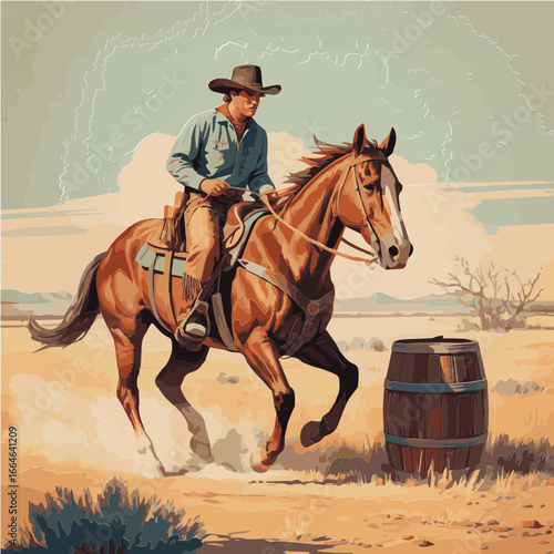 Vector illustration of cowboy riding a racing horse and Barrel