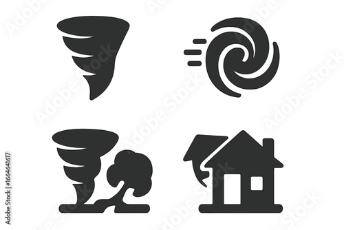 Tornado icon set vector collection. Cyclone, hurricane, and severe storm weather symbols. Concepts of funnel cloud, spinning wind, whirlwind, and natural disaster destruction.
