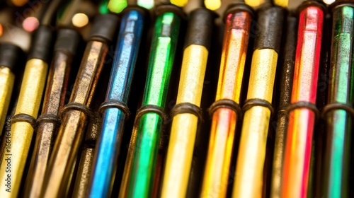 Abstract close-up of colorful metallophones creating a vibrant musical spectrum