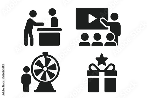 Trade show solid icon set. Expo visitor attraction, product demo, and live presentation. Spin wheel game for prize giveaway and promotion. Vector business marketing symbols.