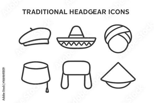 Traditional headgear outline icon set. Vector collection of national cultural hats. Includes French beret, Mexican sombrero, Asian conical hat, Russian ushanka, and Turkish fez.