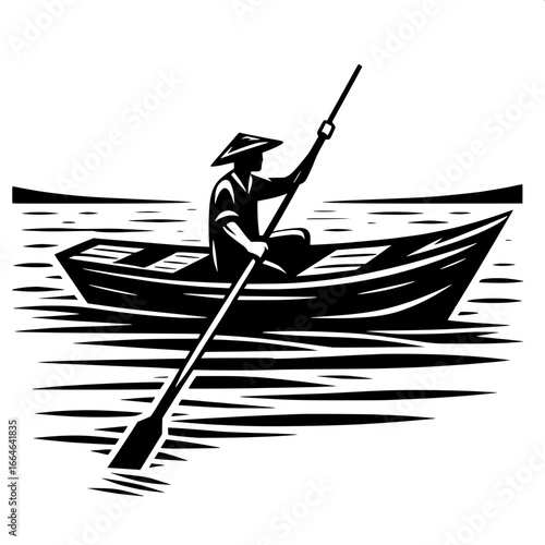 Fisherman Rowing Boat Alone