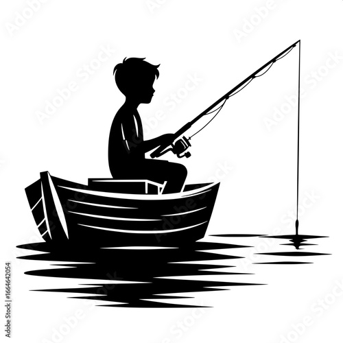 Boy Sitting on Boat with Fishing Rod