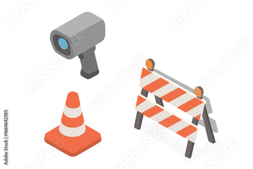Isometric traffic enforcement icon set with speed radar gun, traffic cone, and roadblock barrier. Police speed control and road safety concept vector illustration.