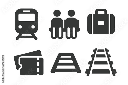 Train journey icon set. Solid glyph vector symbols for public transportation and travel. Includes locomotive, passengers, luggage, tickets, and railway tracks. Commuting concept.