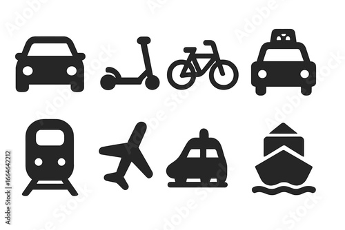 Transportation solid icon set. Car, scooter, bicycle, taxi, train, airplane, ship, police car. Black glyph pictograms for travel, public transport and vehicle symbols.