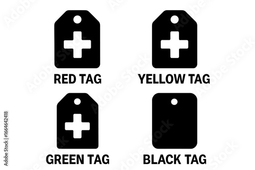 Triage tags icon set. Emergency medical sorting system for patient categorization. Vector symbols for immediate, delayed, minor, and deceased priority levels. Red, yellow, green, black.