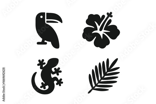 Tropical flora and fauna icon set. Solid glyph symbols collection. Vector illustration of exotic jungle wildlife and nature elements. Toucan bird, hibiscus flower, gecko lizard, palm leaf.