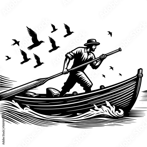 Fisherman Steering Boat with Oar