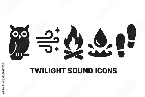 Twilight sound icons. Solid glyph icon set of night sounds. Owl hoot, night breeze, crackling fire, water splash, footsteps. Vector nature and outdoor audio symbols.