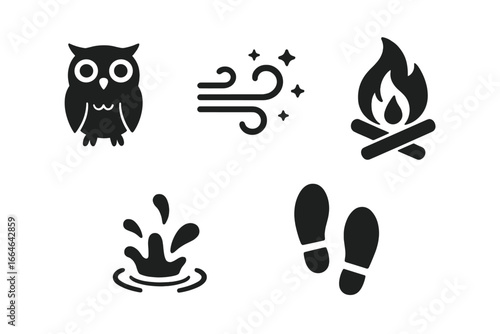 Night sounds icon set vector. Solid filled pictogram collection of outdoor twilight and nature noises like owl hoot, wind breeze, crackling fire, water splash, and footsteps.