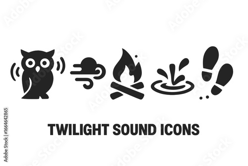 Twilight sound icon set. Solid glyphs of an owl hoot, night breeze, crackling campfire, water splash, and footsteps. Vector symbols for nature, camping, and outdoor ambiance.