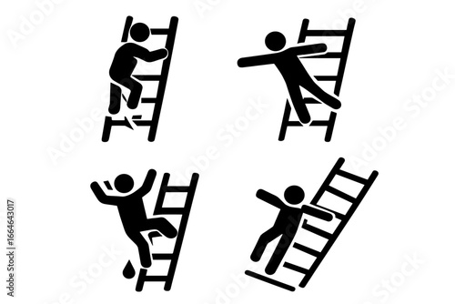 Unsafe ladder usage icon set. Workplace safety and health symbols. Pictogram of falling from ladder, broken rung, overreaching, slippery step, and tipping over accident.