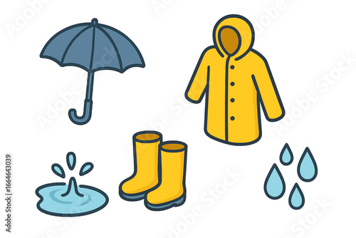 Rainy day essentials vector icon set. Flat design collection of autumn weather gear with umbrella, raincoat, rubber boots, puddle splash and raindrops. Waterproof equipment concept.