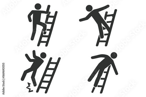 Unsafe ladder use icon set. Workplace safety pictogram collection showing falling from ladder, broken rung, overreaching, and slipping. Work hazard and accident risk symbol.