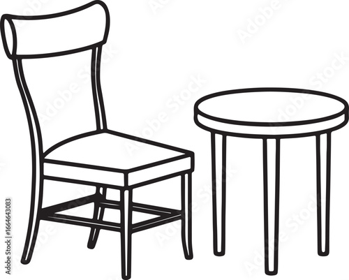 chair and table line art, coloring book page line art drawing, vector and illustration