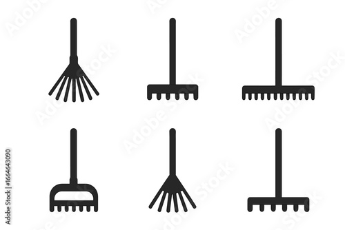 Rake solid icons set. Glyph collection of gardening and farming tools. Vector symbols of leaf, garden, landscape, thatch, bow, and shrub rakes. Agriculture equipment silhouette.
