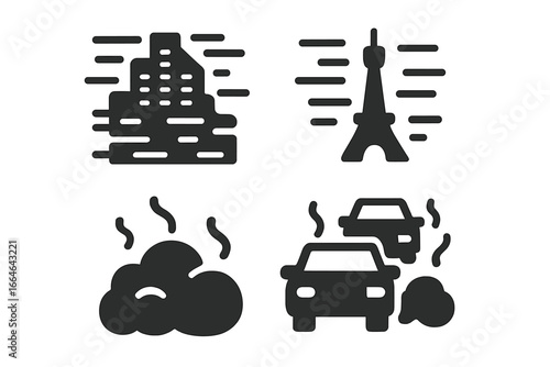 Urban haze and air pollution icon set. City smog, traffic exhaust fumes, and factory emissions concept. Environmental problem vector glyph icons. Cityscape and Paris haze.