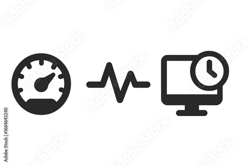 Real-time monitoring icon set with speed gauge, data pulse, and active session symbols. Solid glyph vector icons for performance analytics, system status, UI and dashboard design.