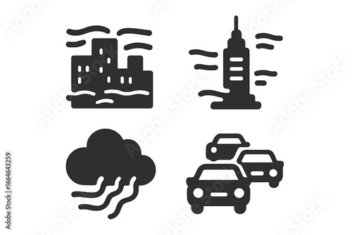 Urban air pollution icon set. City smog, traffic emission, and environmental haze solid glyph icons. Skyscraper, cityscape, and cars in polluted air vector collection.