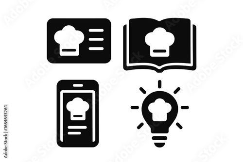 Recipe sharing and cooking idea solid glyph icon set. Includes open cookbook, mobile app, recipe card, and inspiration lightbulb. Vector illustration for food blog or menu.