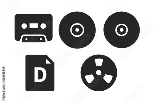Recording formats solid glyph icon set. Vector collection of audio media from analog to digital. Cassette tape, vinyl record, CD, reel-to-reel, and digital file download.