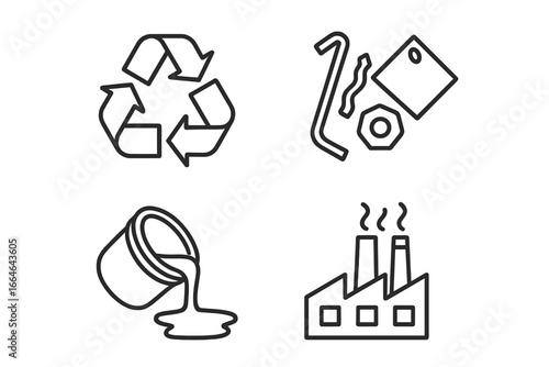 Metal recycling process outline icon set. Vector icons of scrap metal, molten steel pour from crucible, industrial factory plant, and universal recycle symbol for metallurgy.