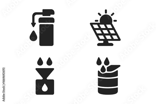 Urban survival gear icon set. Water purifier, solar panel, rainwater harvesting, filtration system. Emergency preparedness, self-sufficiency symbols. Solid vector illustration.