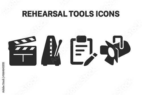 Rehearsal tools icon set for performance arts. Includes clapperboard for film, metronome for music rhythm, script for actors, and spotlight for stage theater. Solid glyphs.