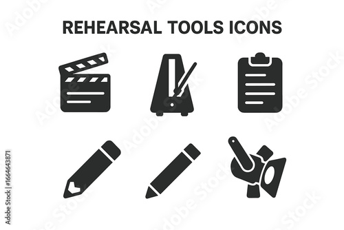 Film production and theater rehearsal solid icon set. Movie making, cinema and acting concepts. Vector glyph pictograms of clapperboard, metronome, script, pencil, stage light.