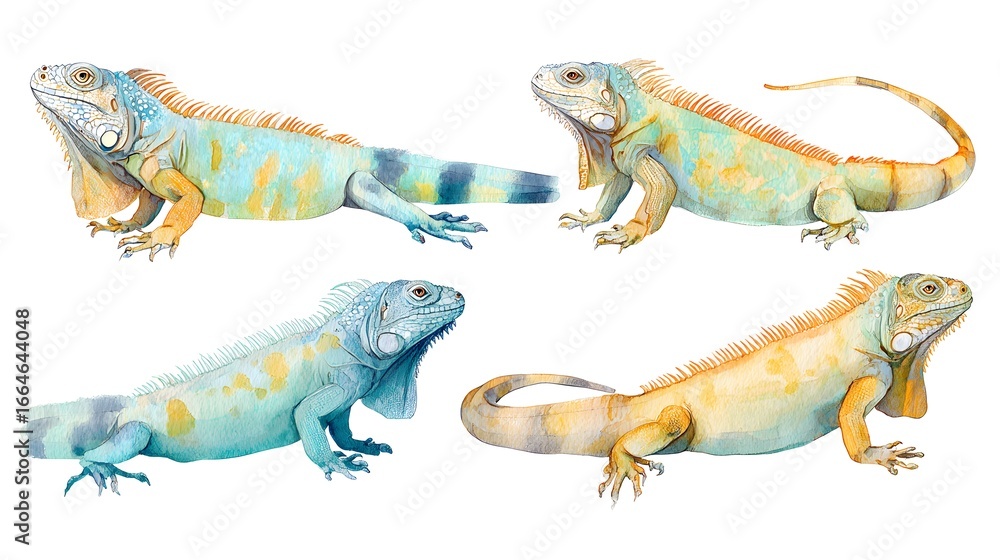 Naklejka premium Ultra realistic watercolor style illustration of beautiful iguana, high detailed, isolated on white background