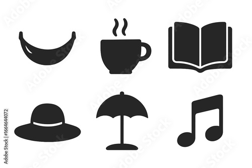 Relaxation solid glyph icon set for leisure and vacation concepts. Vector symbols of hammock, hot coffee cup, reading book, sun hat, beach umbrella, and music note pictogram.