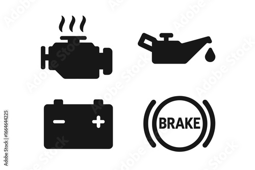Vehicle warning icons set, solid black filled vector illustration with engine overheating, low oil light, battery warning, and brake alert symbols for automotive dashboard alerts
