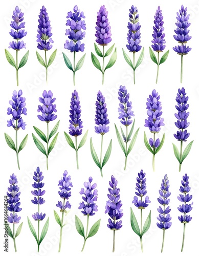 Watercolor lavender sprigs on white