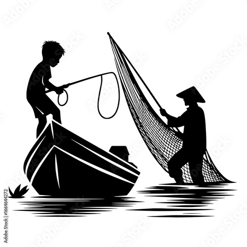 Child Playing in Boat Beside Fisherman