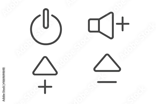 Remote control outline icons. Set of vector buttons. Power button, volume up, volume down, channel up, channel down symbols. UI UX signs for television interface design.
