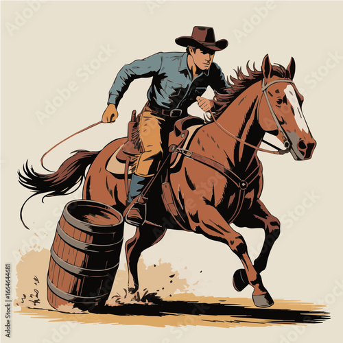 Vector illustration of cowboy riding a racing horse and Barrel