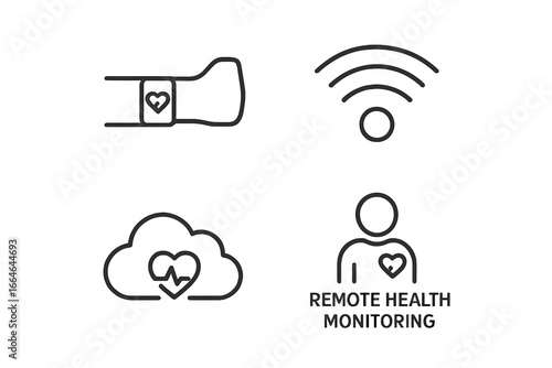 Remote health monitoring outline icon set. Telemedicine and telehealth concept. Wearable sensor, smartwatch, Wi-Fi signal, and cloud data storage for patient care vector.