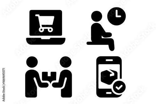 Retail pickup process solid icons. Online order, customer waiting, package handover, and digital confirmation. E-commerce and click and collect vector icon set glyphs.