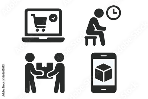 Retail pickup process solid icons. Click and collect online order vector icon set. E-commerce logistics concept with customer waiting, package handover and digital tracking.
