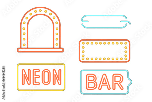 Retro neon sign and marquee light bulb frame icon set. Vector outline illustration of vintage bar signs, glowing borders, and arches. Editable design elements for casino.