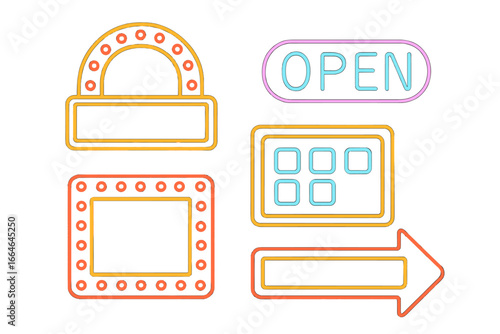Retro neon signs icon set. Vintage marquee light bulb frames, billboards, and glowing arrow. Open sign for casino, cinema or bar. Outline vector illustration collection.