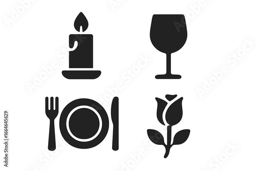 Romantic dinner icon set. Love, date, and valentine's day symbols. Candlelight, wine glass, restaurant plate, and rose flower icons. Vector glyphs for web and app design.