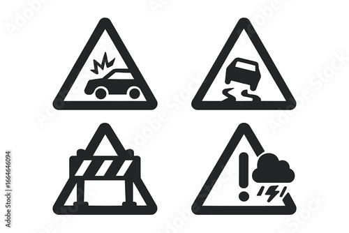Route hazards solid icon set with traffic alerts for car accident, slippery road, roadblock, and weather warning. Vector illustration for road safety and driving danger.