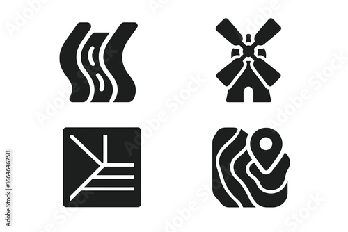 Rural land management icon set. Agriculture and farming glyphs. Solid vector symbols for irrigation channel, windmill, field boundary, and topographic map with location pin.