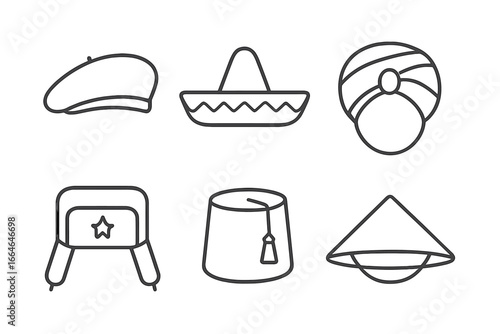 Traditional headgear icons set worldwide with beret, sombrero, turban, fez, ushanka, and conical hats. Outline vector illustration of cultural and ethnic hats collection