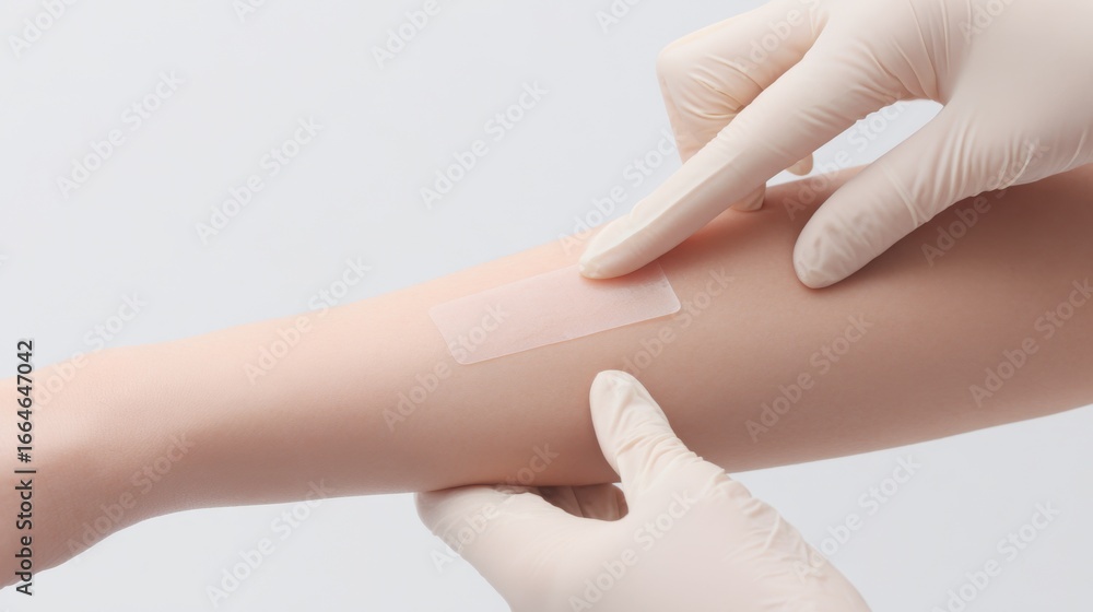 Naklejka premium A medical professional wears gloves while gently testing the forearm of a Korean woman. The procedure involves applying a small adhesive patch for skin assessment purposes
